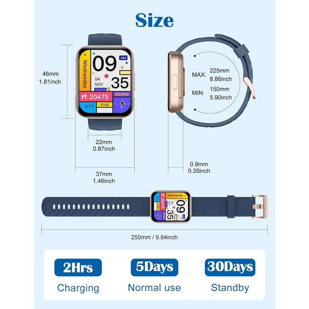 1.85 in. HD Screen Smart Watch for Men Women in Blue, Compatible with iPhone/Android, Bluetooth (Answer/Make Calls) - Thumbnail 5