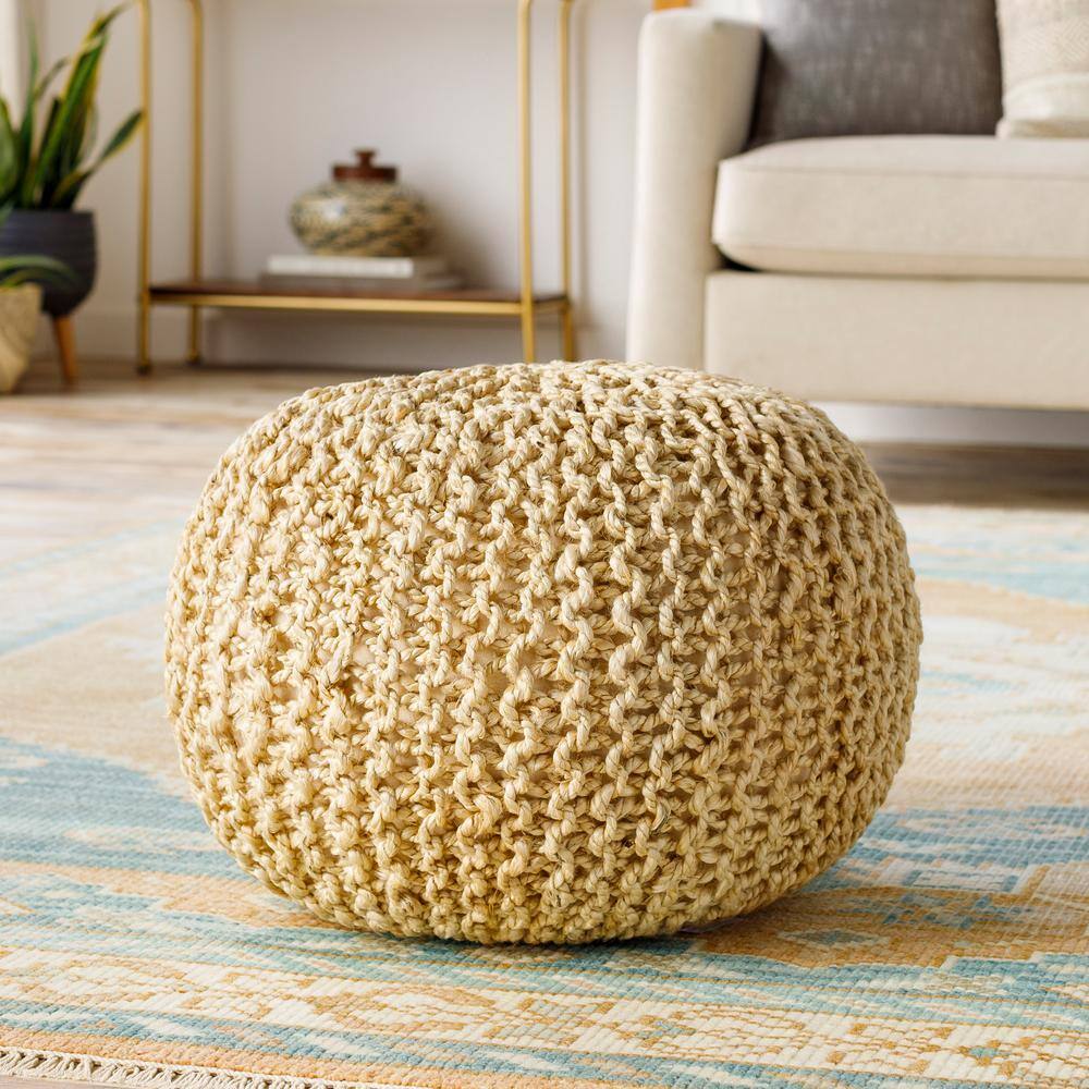 Bermuda Hand-Knitted Natural Fiber Round Pouf, 20"