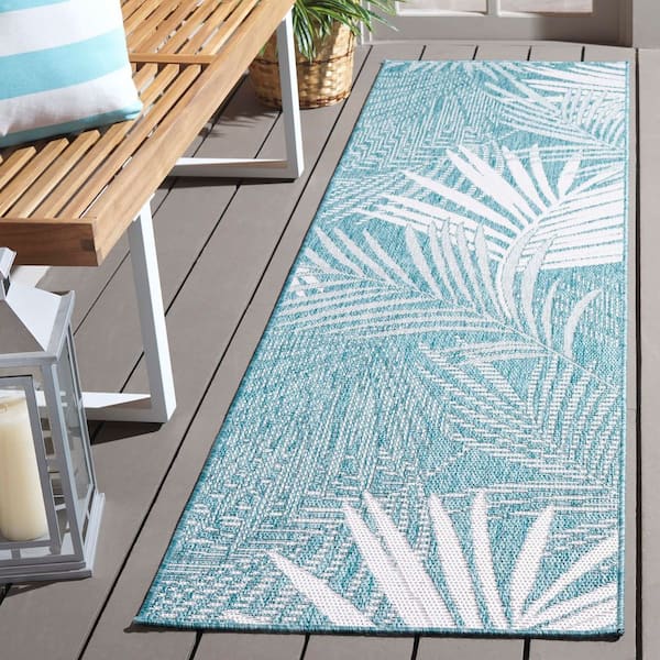 Beach House Aqua/Ivory 2 ft. x 6 ft. Oversized Floral Indoor/Outdoor Runner Rug