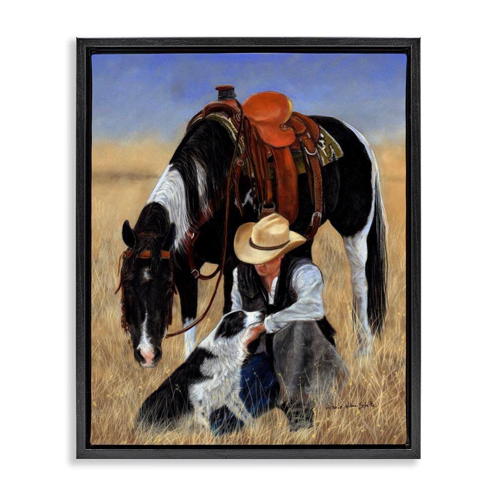 Cowboy with Dog and Horse by Victoria Schultz Black Floater Frame Graphic Art Print People 21 in. x 17 in. price history on PriceWatchPro