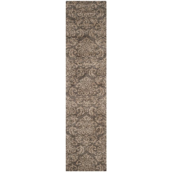 SAFAVIEH Florida Shag Smoke/Beige 2 ft. x 8 ft. Floral Medallion Runner Rug