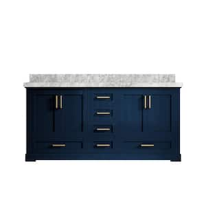 Boston 72 in. W x 22 in. D x 36 in. H Double Sink Bath Vanity in Navy Blue with 2" Carrara Marble Top