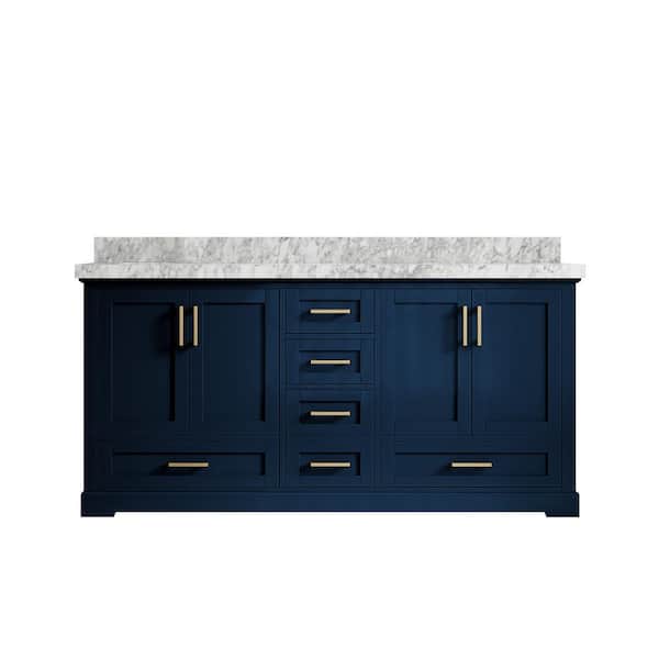 Willow Collections Boston 72 in. W x 22 in. D x 36 in. H Double Sink Bath Vanity in Navy Blue with 2" Carrara Marble Top