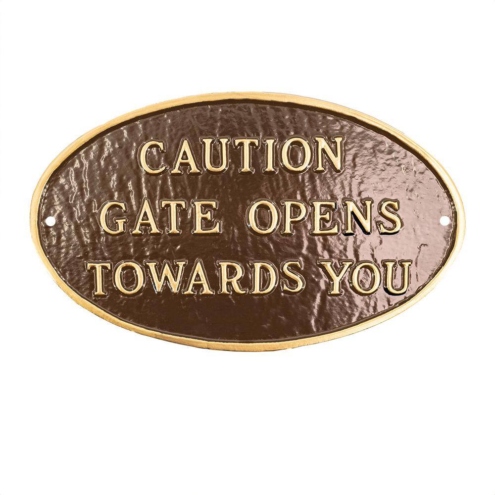 8.5 in. x 13 in. Standard Oval Caution Gate Opens Towards You Statement Plaque Sign - Oil Rubbed/Gold price history on PriceWatchPro