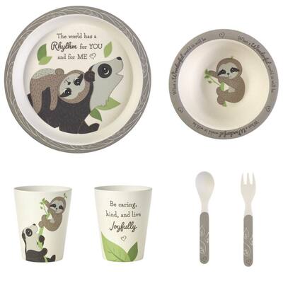 Precious Earth 5 Piece Multicolored Bamboo Mealtime Gift Set With Bear And Sloth