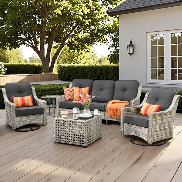 XIZZI Blanche 5-Piece Wicker Patio Conversation Seating Sofa Set with Black Cushions and Swivel Rocking Chairs