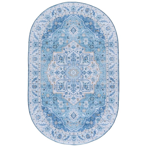 Tucson 5 ft. x 8 ft. Oval Light Blue/Blue Ornate Floral Medallion Washable Area Rug