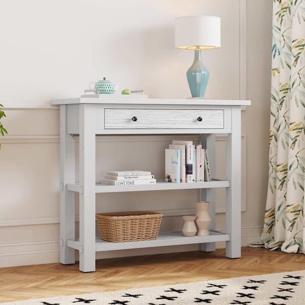 36 in. Antique White Rectangle Wood Console Table with Drawer and 2-Sturdy Shelves for Entryway, Living Room