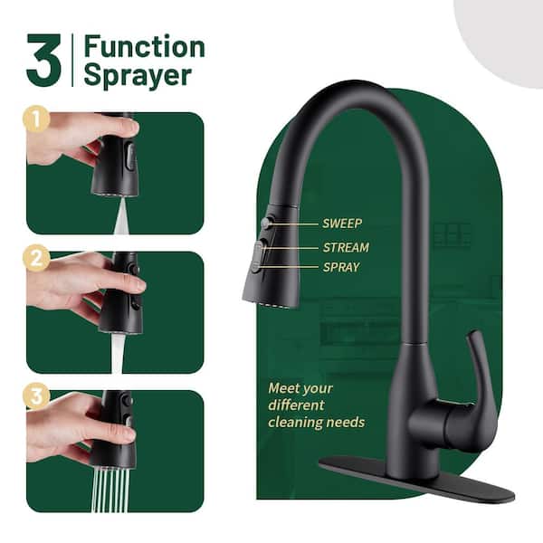 Gooseneck Single-Handle Pull Down Sprayer Kitchen Faucet with Deckplate and Sweep Spray Pull Out Sink Faucet in Black