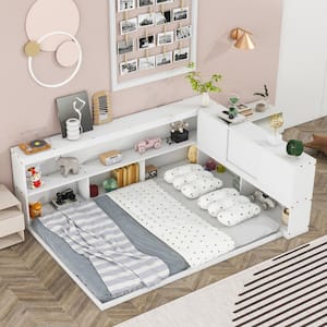 White Wood Frame Full Size Platform Bed with L-shaped Bookcases, Storage Headboard with sliding doors