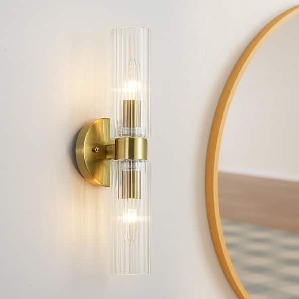 Aroa 2-Light 16 in. Brass Cylinder Transitional Wall Sconce with Striped Clear Glass Tube and IP44