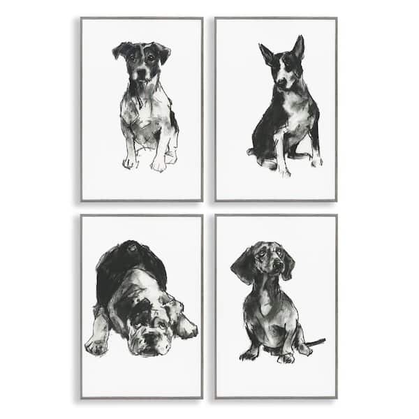 Stupell Industries Traditional Dog Sketches by Cartissi 4 Pieces Gray Framed Animal Giclee Art Print 24 in. x 16 in.