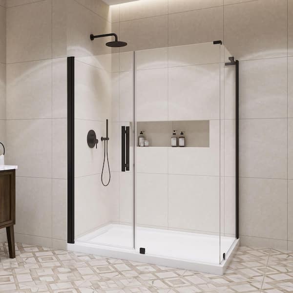 Pasadena 60 in. L x 36 in. W x 72.01 in. H Corner Shower Kit with Pivot Frameless Door in Black and Shower Pan