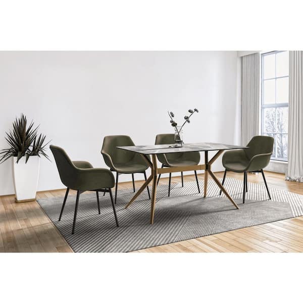 Leisuremod Elega Modern 62 in. Rectangular Dining Table with Sintered Stone Top Gold Stainless Steel 4-Legs in Light Grey, Seats 6