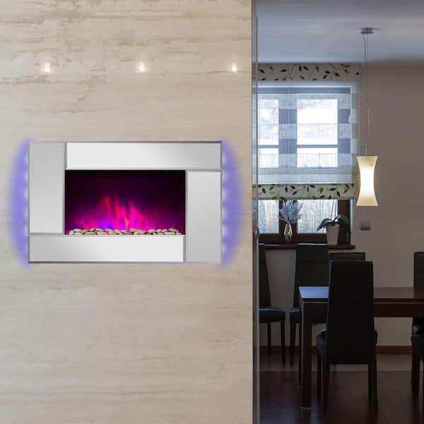 AKDY 36 in. Wall Mount Electric Fireplace Heater in Mirror with Tempered Glass, Pebbles, Logs and Remote Control
