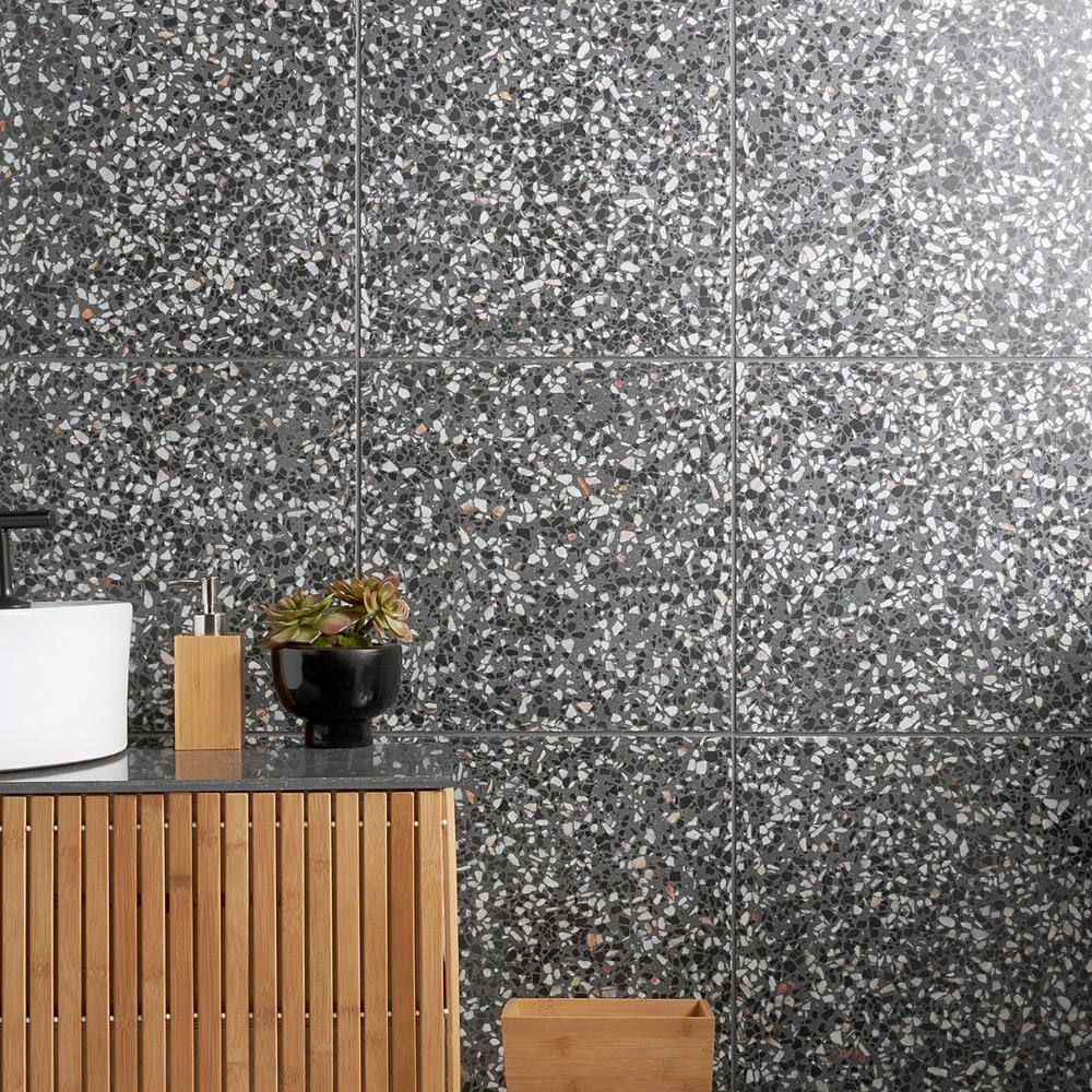 Raleigh 16.14" Polished Black and White Terrazzo Floor and Wall Tile