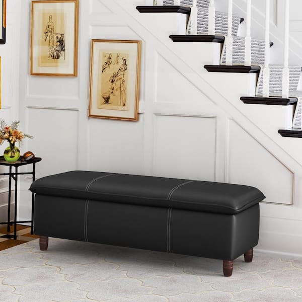 LUE BONA 49 in. Black Upholstered Faux Leather Storage Ottoman with Safety Hinge