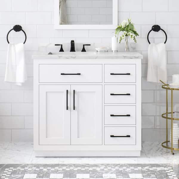 Athea 36 in. Freestanding White Bath Vanity with White Engineered Marble Top, Power Bar and Matte Black Hardware