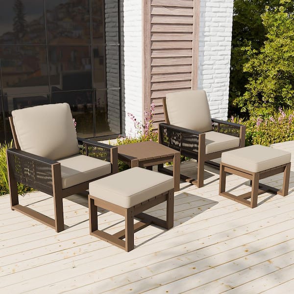 EAGLE PEAK 5-Pieces Cedar Wood Wicker Outdoor Patio Conversation Set with Beige Cushions, Square Coffee Table, Ottomans
