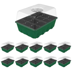Black Plastic Seed Starter Trays with Dome and Green Base (12-Cell Per Tray) (10-Pack)