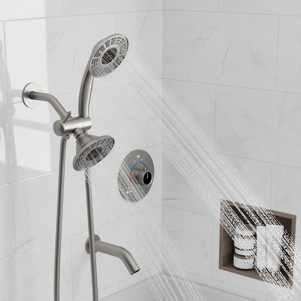 YAWWALK Single Handle 3-Spray Tub and Shower Faucet 2.5 GPM Temperature Display Shower Head in Brushed Nickel (Valve Included)