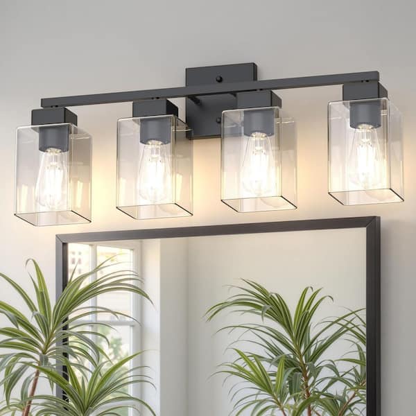 25 in. 4-Light Matte Black Modern Vanity Light with Square Clear Glass Shade, Wall Lighting Fixtures for Bathroom