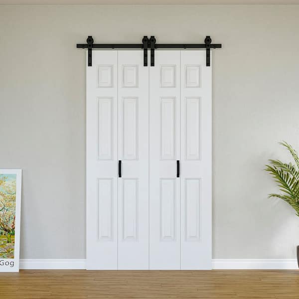 48 in. x 84 in. Paneled 6-Lite White Primed Hollow Core MDF Composite Bi-fold Door with Bifold Barn Door Hardware