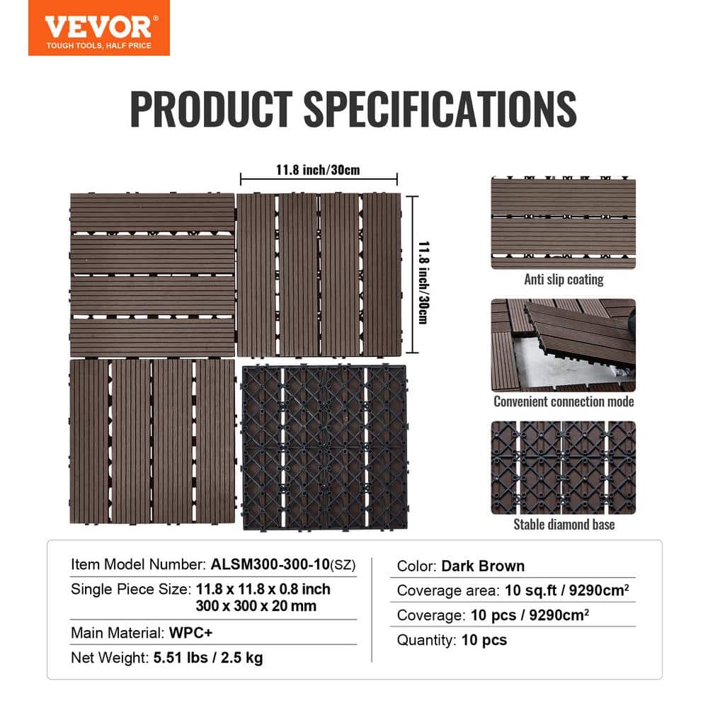Dark Brown Composite Interlocking Waterproof Deck Tiles, 12" x 12"