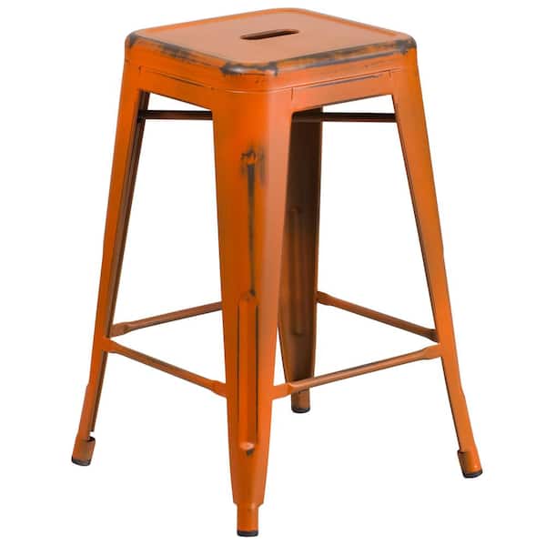 Flash Furniture 24 in. Distressed Orange Metal Bar Stool