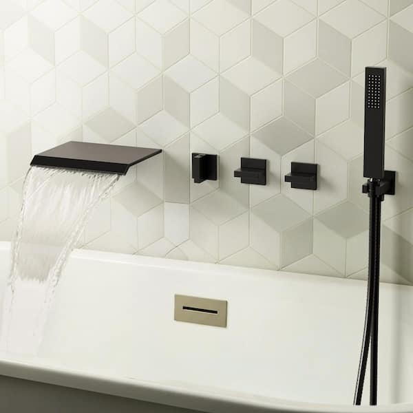 EVERSTEIN Waterfall 3-Handle 2-Spray Tub and Shower Faucet with Wide Flat Spout Shelf, 3.2 GPM in Matte Black Valve Included