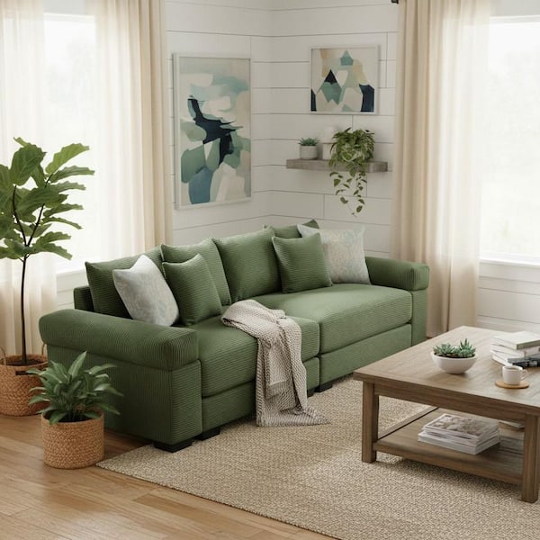 GJPLGP 92 in. Straight Arm 2-Piece Corduroy Curved Sectional Sofa with Extra-Wide Modular in Olive Green