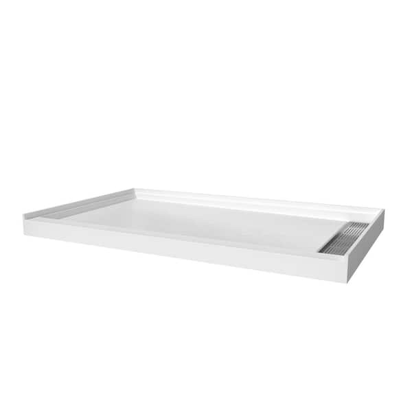 60 in. L x 32 in. W Cultured Marble Alcove Shower Pan Base with Right Linear Drain in Matte White, cUPC Certified