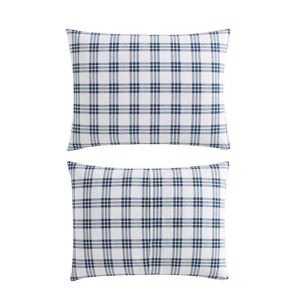 Navy Blue Plaid Cotton Full/Queen Duvet Set with Shams