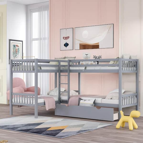 Gray Twin L, Shaped Bunk Bed with Drawers