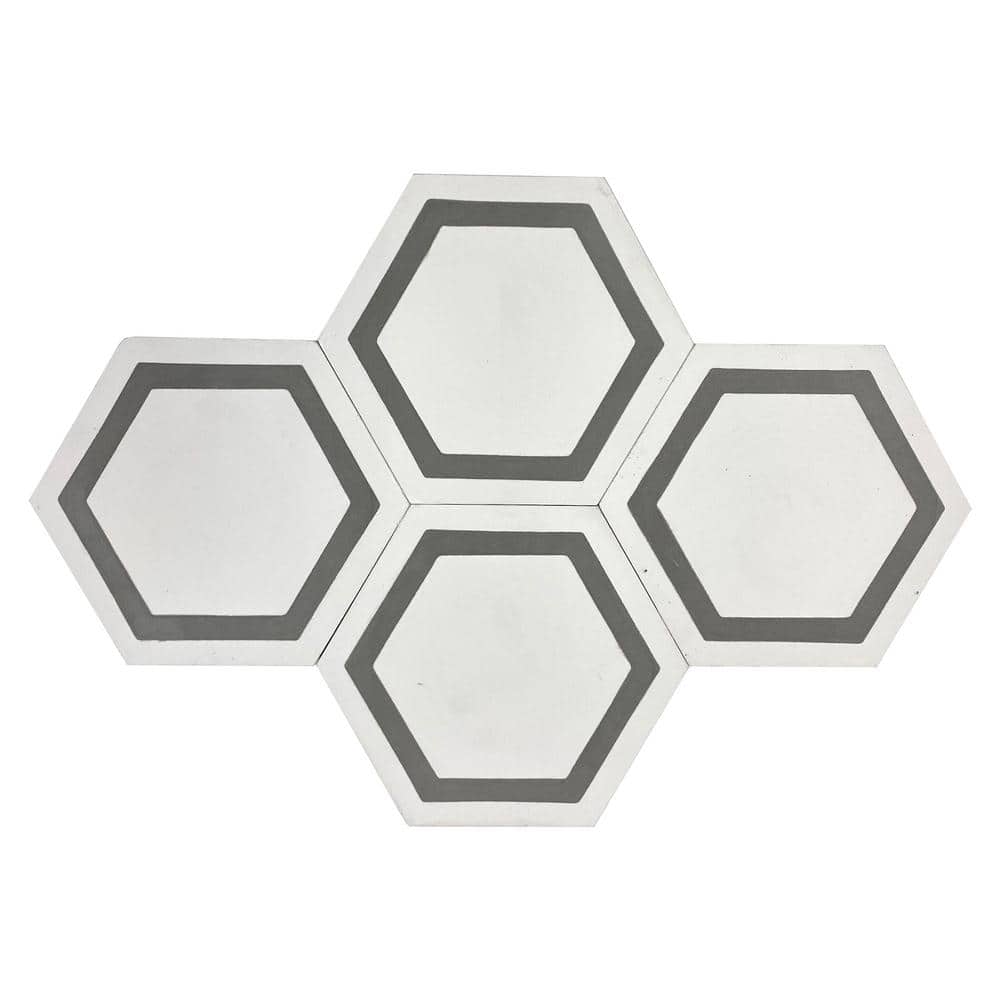 KCT 05 White, Dark Grey 8 in. x 9 in. Hexagon Handmade Floor/Wall Cement Ti