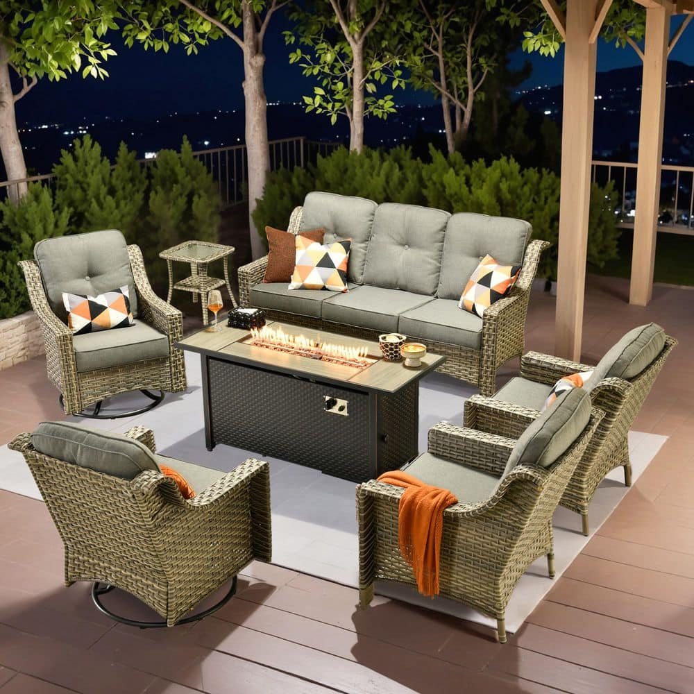 "Tulip R 7-Piece Wicker Patio 54"" Fire Pit Conversation Set with Swivel Rocking Chairs and Dark Gray Cushions" price history on PriceWatchPro