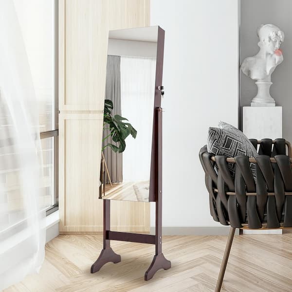 Qualler Brown Jewelry Armoire Mirror Cabinet with LED Lights (16 in. W x 14 in. D x 61 in. H)