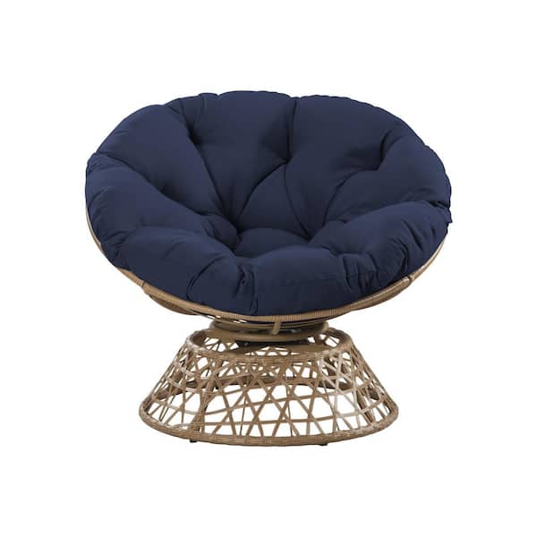Brown Wicker Outdoor Patio Papasan Swivel Lounge Chair with Blue Cushion