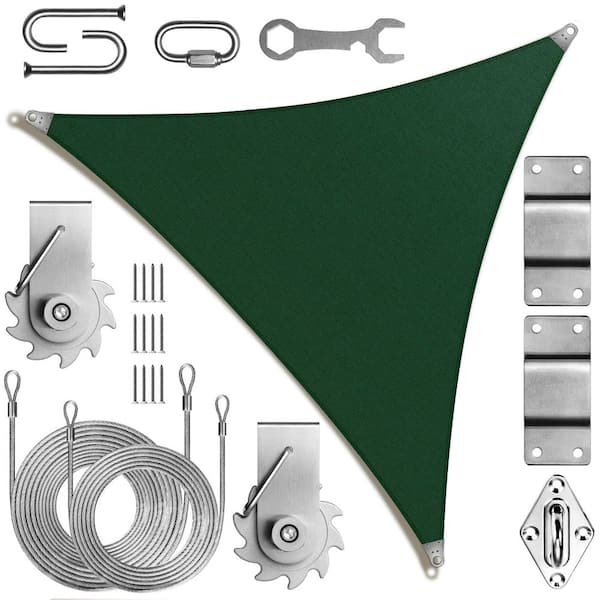 Super Ring 30 ft. x 30 ft. x 30 ft. Triangle Sun Shade Sail with Winch Kit-Green