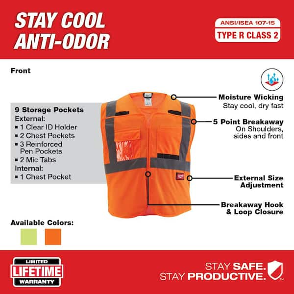 Milwaukee Large/X-Large Orange Class 2 Breakaway Mesh High Vis Safety Vest  with 9-Pockets and Tinted Anti Scratch Safety Glasses 48-73-5126-48-73-2015  - The Home Depot