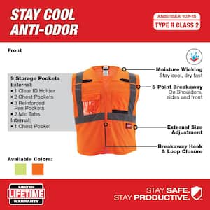 Large/X-Large Orange Class 2 Breakaway Mesh High Vis Safety Vest with 9-Pockets and Tinted Anti Scratch Safety Glasses