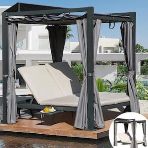 5 ft. x 6.5 ft. Grey Aluminum Outdoor Patio Canopy with Daybed Double Chaise Lounge with Beige Cushion and Cup Holder