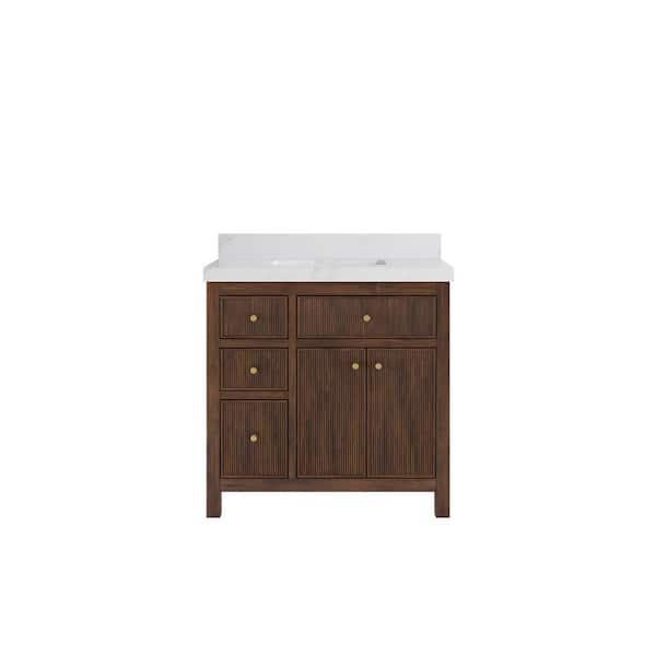 Sonoma Teak 36 in. Single Sink Freestanding Dark Walnut Bath Vanity with Calcutta Sienna Quartz Top Unassembled