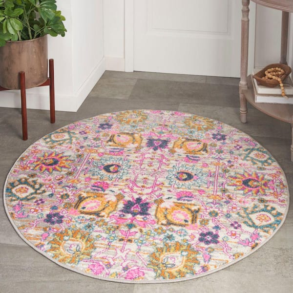 Passion Silver 4 ft. x 4 ft. Floral Transitional Round Area Rug