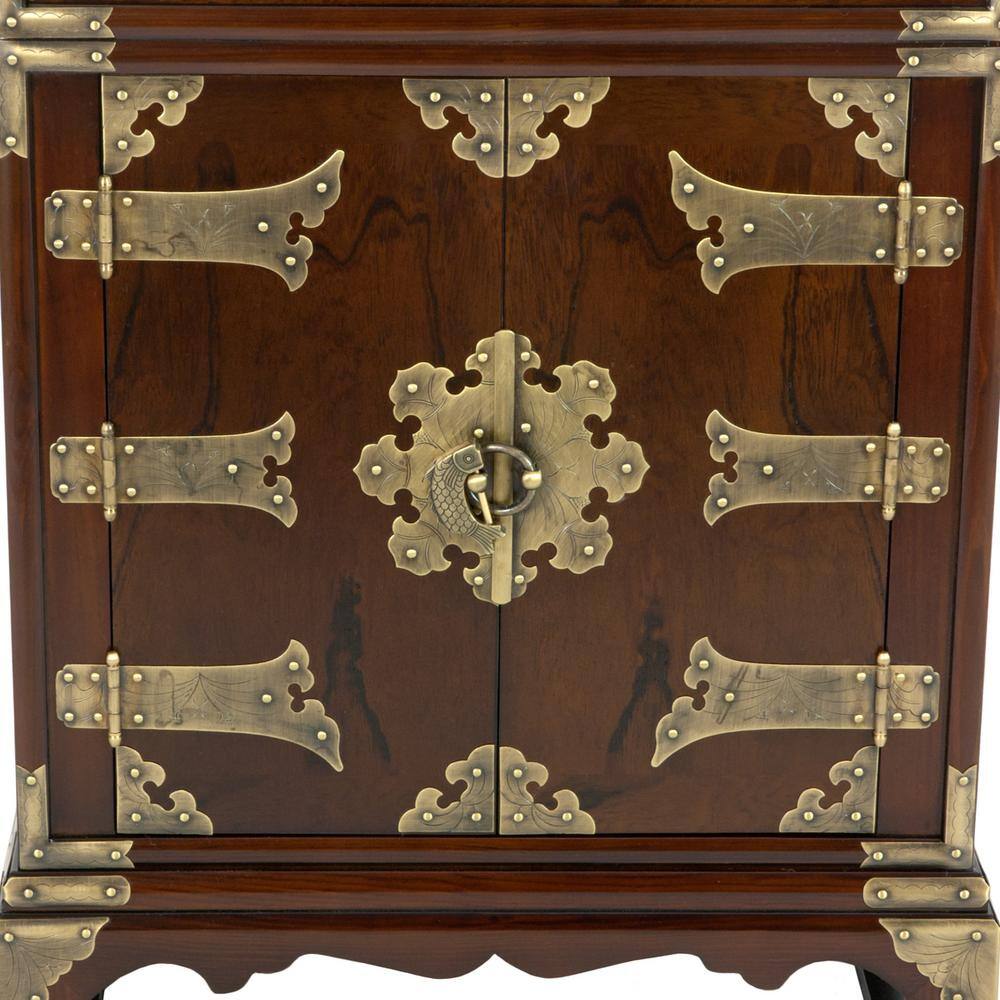 Dark Brown Elm Wood Antique Style Chest with Brass Fittings