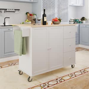 Rolling White Drop Leaf Rubberwood Tabletop 53 in. Kitchen Island with Adjustable Shelves