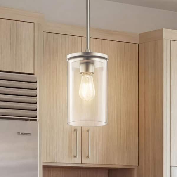 Crosby 1-Light Brushed Nickel Contemporary Shaded Kitchen Mini Pendant Hanging Light with Clear Glass