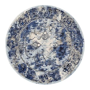9' Round Blue and Ivory Floral Area Rug