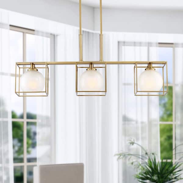 Cowen 3-Light Brushed Gold Mid-century Linear Chandelier for Kitchen Islands with No Bulbs Included