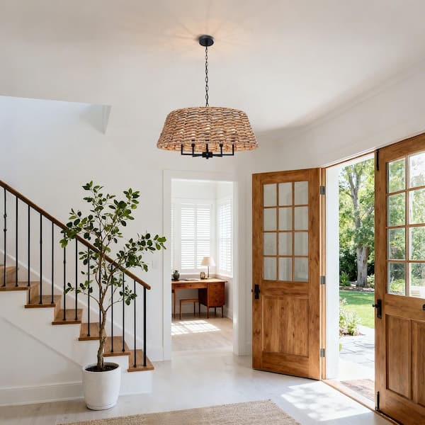 Farmhouse 5-Light Matte Black Island Drum Chandelier Rustic Candle Chandelier with Rattan Shade for Coastal Living Room